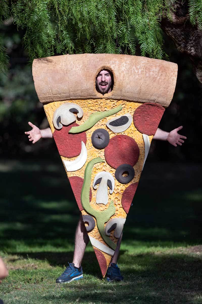 The pizza slice performs as part of the"The Food Group" by Ry Rocklen at Current:LA Food in Palms Park | Courtesy of the Department of Cultural Affairs