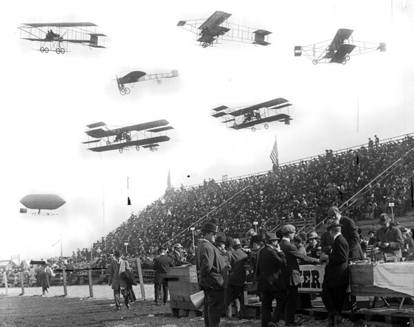 In 1910, Dominguez Field hosted the first air meet in the United States. Composite photograph courtesy of the Title Insurance and Trust / C.C. Pierce Photography Collection, USC Libraries.