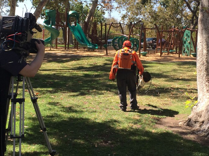 A man operates a leafblower in the park
