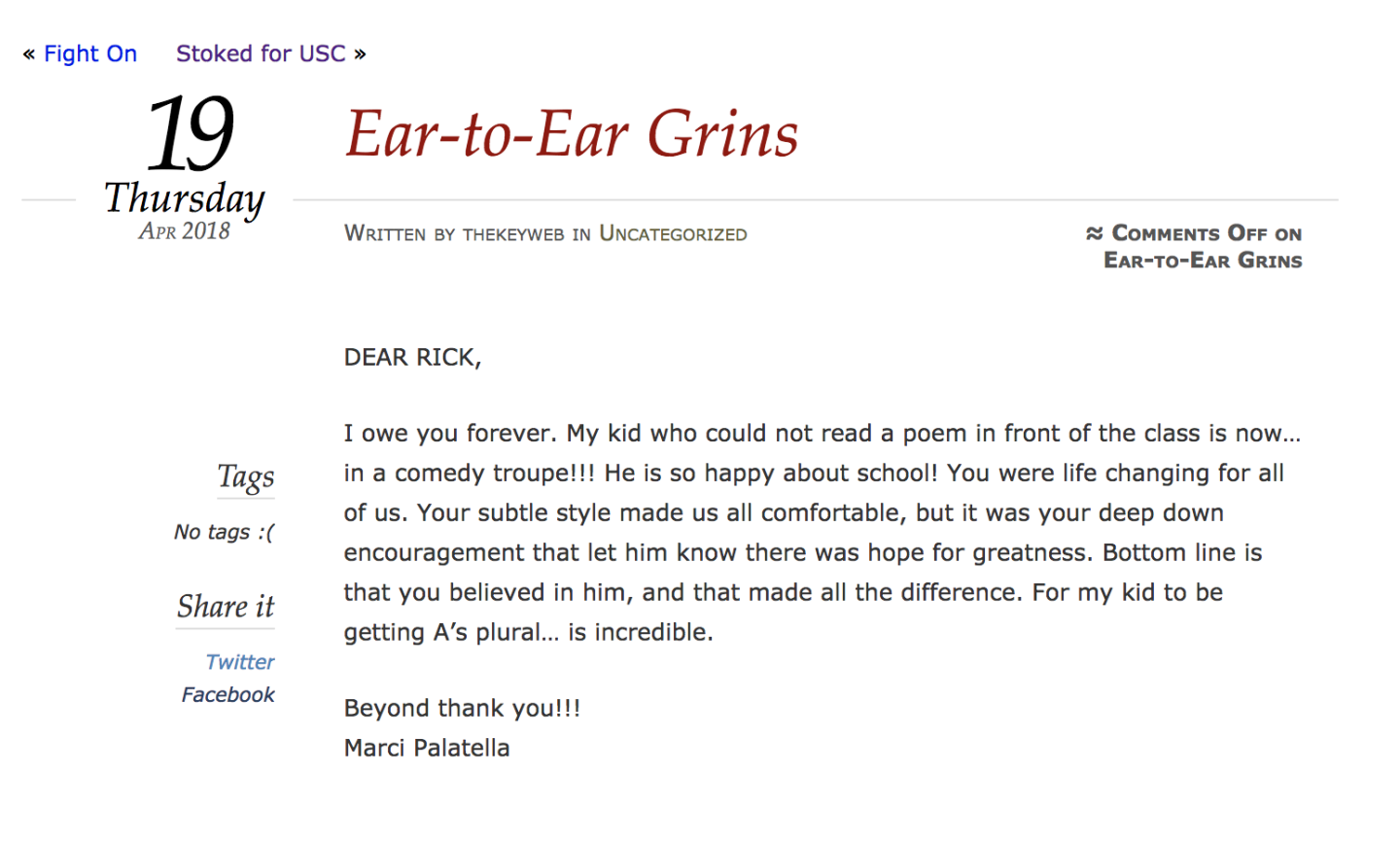 "Ear-to-Ear Grin". Marci Palatella's testimonial on The Key Worldwide's website. Palatella was indicted in the college admissions scandal on March 12th, 2019.