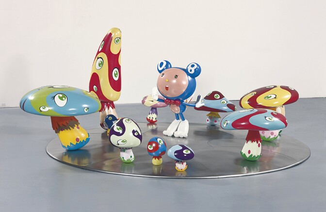 "DOB in the Strange Forest (Blue DOB)," 1999 by Takashi Murakami, fiber-reinforced plastic, resin, fiberglass, acrylic and iron, 60 x 152 x 137 in. (152.4 x 386.08 x 347.98 cm); Courtesy of the The Broad Art Foundation. Image ©Murakami