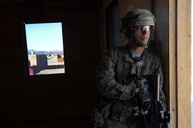 A U.S. Army soldier with the 211th Armored Cavalry Regiment participates in an exercise at the National Training Center in Fort Irwin, Calif.