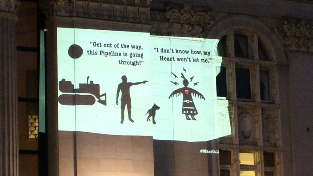 Isaac Murdoch's Thunderbird Woman projected onto Oakland City Hall | Photo: Peg Hunter, some rights reserved