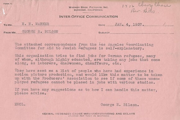 January,1937 George R. Bilson's correspondence with Harry Warner requesting aid to Jewish refugees. | Courtesy of the USC Libraries - Jack L. Warner Collection.