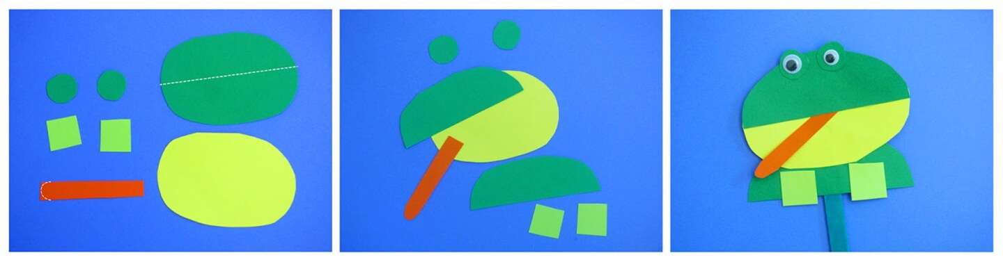 Green pieces of paper cut out to resemble a cartoon frog on a blue background.