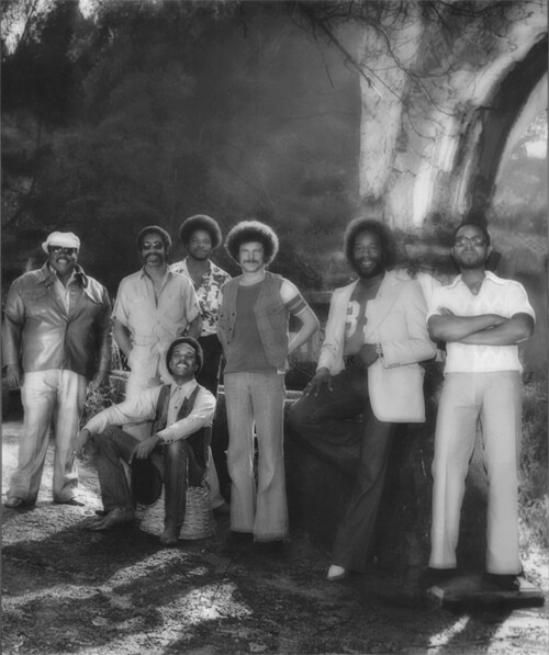 A black and white photo of American band War. There are seven men photographed, all standing except for one member. Two members lean against a tree.