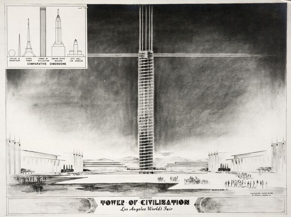Standing nearly 1,300 feet tall and built partially out of magnesium, the Tower of Civilization would have soared over the grounds of the Los Angeles World's Fair. Courtesy of the Huntington Library.