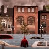 A color illustration shows a flooded street with cars submerged up to their windows, a man wearing a red hoodie facing away as he stands waist-deep in water, and flood levels rising over the first floor of a row of buildings as rain falls down from gray, stormy skies.