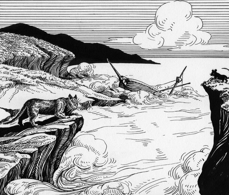 Although boats associated with construction of the Anacapa lighthouse have also been blamed for the islets’ rat infestation, the 1853 wreck of the Winfield Scott, depicted in this wood block illustration by Hal Blakely, has been the most commonly cited so