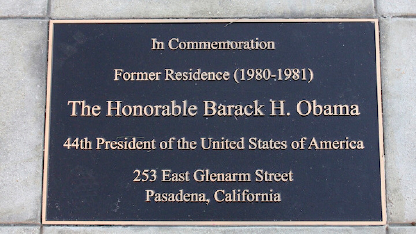 A plaque is seen in front of the Pasadena residence where Barack Obama lived during his sophomore year at Occidental College | Photo by John Antczak/Associated Press
