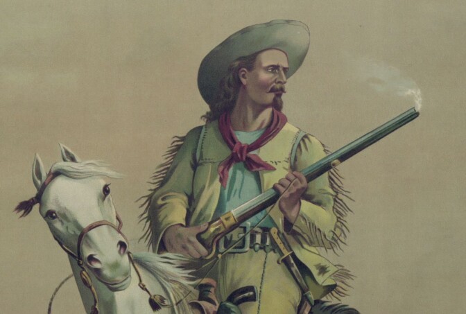 A painting depicts an 1830s mountain man wearing a fringed buckskin jacket. The man is sitting atop a white horse and is carrying a large, smoking gun. A wide-brimmed hat sits on his head and a red scarf/bandana is tied around his neck.