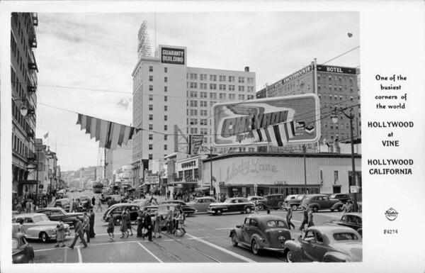 1947 postcard showing the intersection of Hollywood and Vine. Courtesy of the Frasher Foto Postcard Collection, Pomona Public Library.