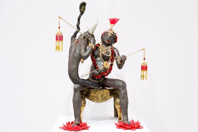 "End Game," 2018 by Jaishri Abichandani. Foil, wire, epoxy, brass, plastic, crystals, paint, wood, MDF. 48 x 48 x 60 inches. | Courtesy of the artist