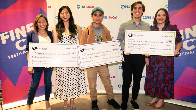 First Entertainment Credit Union joins FINE CUT winners Mia Hagerty, John Angela Serrano and Sam Markson as they accept their award checks at PBS SoCal’s FINE CUT Festival of Films at The Eagle Theatre at Vidiots on September 22, 2026. Photo courtesy of PBS SoCal
