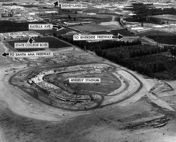 An aerial view of the Anaheim Stadium construction site from February 1965 with landmarks labeled. Courtesy of the Herald-Examiner Collection, Los Angeles Public Library.