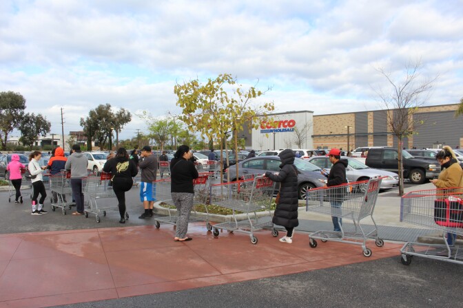 Line of shoppers in parking lot outside of Costco in Marina Del Ray on March 15th, 2020