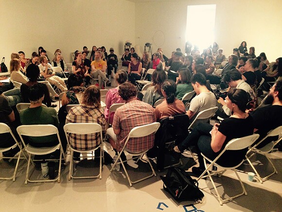 Large group discussion during Pivoting: Ethics And Aesthetics during Chats About Change event at LACE (Los Angeles Contemporary Exhibitions), 1/17/15. | Photograph: Emily Lacy.