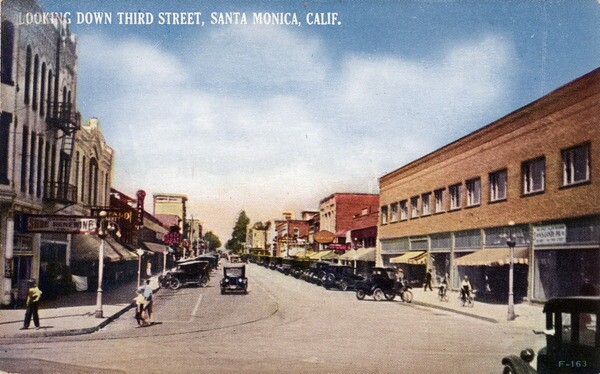 Third Street circa 1927. Courtesy of the Werner Von Boltenstern Postcard Collection, Department of Archives and Special Collections, Loyola Marymount University Library.
