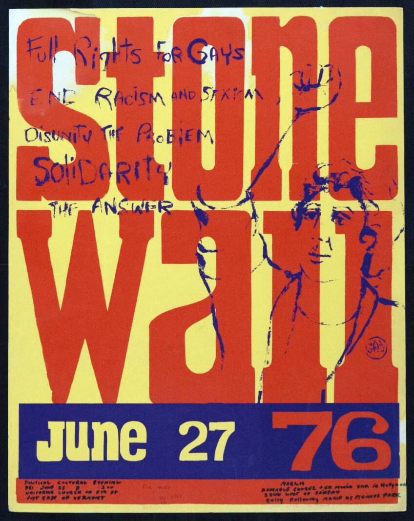 A graphic poster that reads "Stonewall" in bold, stylized typography over a yellow background. Below it reads, "June 27 '76."