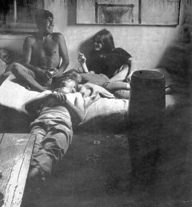 Painters John Altoon (left) and Tony Lanreau with coffeehouse waitress Maggie Ryan at the Altoon studio in Los Angeles. A photo from "The Holy Barbarians." | Lawrence Lipton papers, USC Libraries