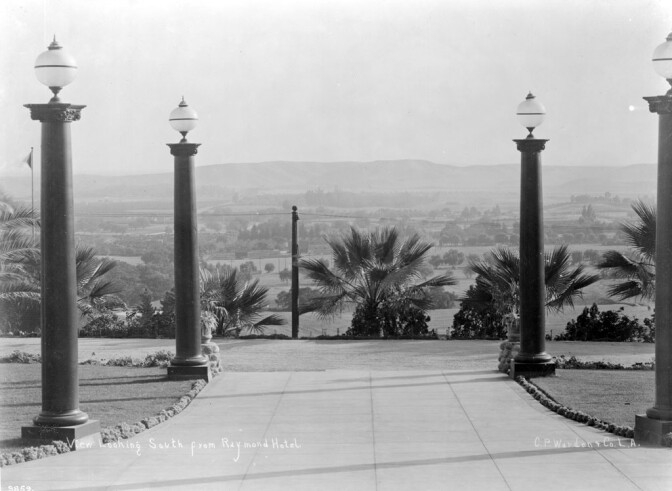 Circa 1905 view looking south over the San Gabriel Valley from the portico of the Raymond Hotel. Courtesy of the California Historical Society Collection, USC Libraries.