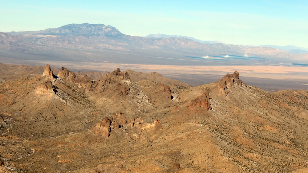 Ivanpah Solar Electric Generation System from above the Castle Peaks in the Mojave National Preserve | Photo: Chris Clarke
