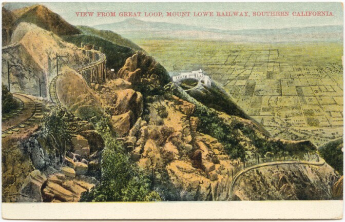 Undated postcard of the Mt. Lowe Railway's Great Loop, including Circular Bridge in the distance