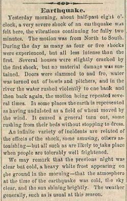January 10, 1857 Los Angeles Star reporting on the Fort Tejon earthquake. Courtesy of the USC Libraries' Special Collections.