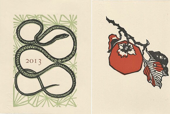 LEFT: Cover Image of a Snake for her 2013 Calendar, by Patricia Wakida, linoleum print on Fabriano cotton rag paper, 2012, RIGHT: Persimmon for October, 2013 Calendar, by Patricia Wakids, linoleum print on Fabriano cotton rag paper, 2012.