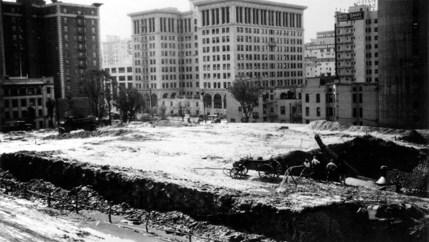 Construction of the Central Library, which replaced the Normal School, more or less flattened Normal Hill beyond recognition. Circa 1922 photograph courtesy of the Photo Collection - Los Angeles Public Library.