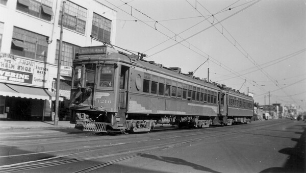 A Pacific Electric car in downtown Santa Ana, circa 1940s. Courtesy of the Orange County Archives.