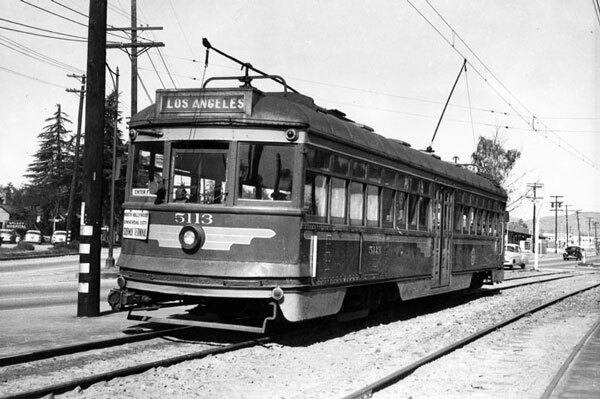 The expansion of electric railways made the San Fernando Valley more attractive to prospective residents. Photo of a Pacific Electric car on Sherman Way courtesy of the the Photo Collection, Los Angeles Public Library.