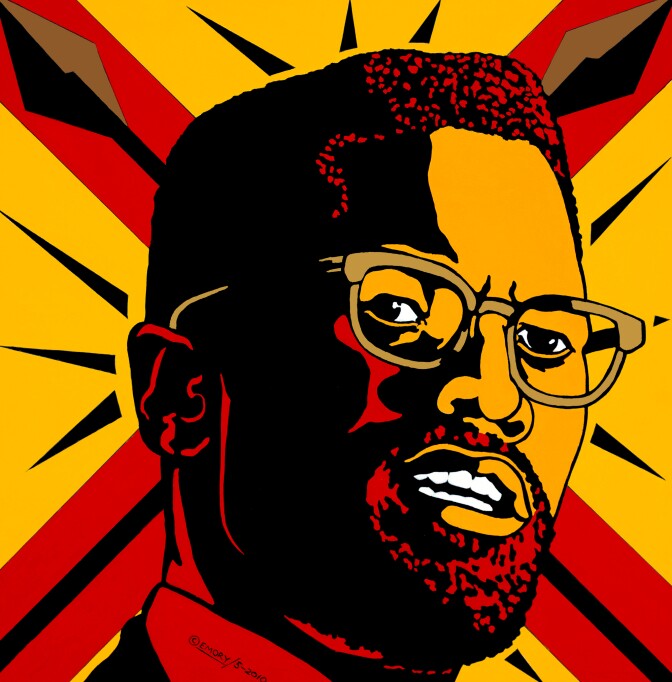 A graphic design poster of Malcolm X made by Emory Douglas.