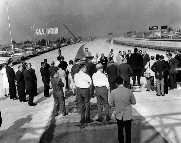 A segment of the Santa Monica Freeway near downtown L.A. opens on August 16, 1962. Courtesy of the Herald-Examiner Collection, Los Angeles Public Library.