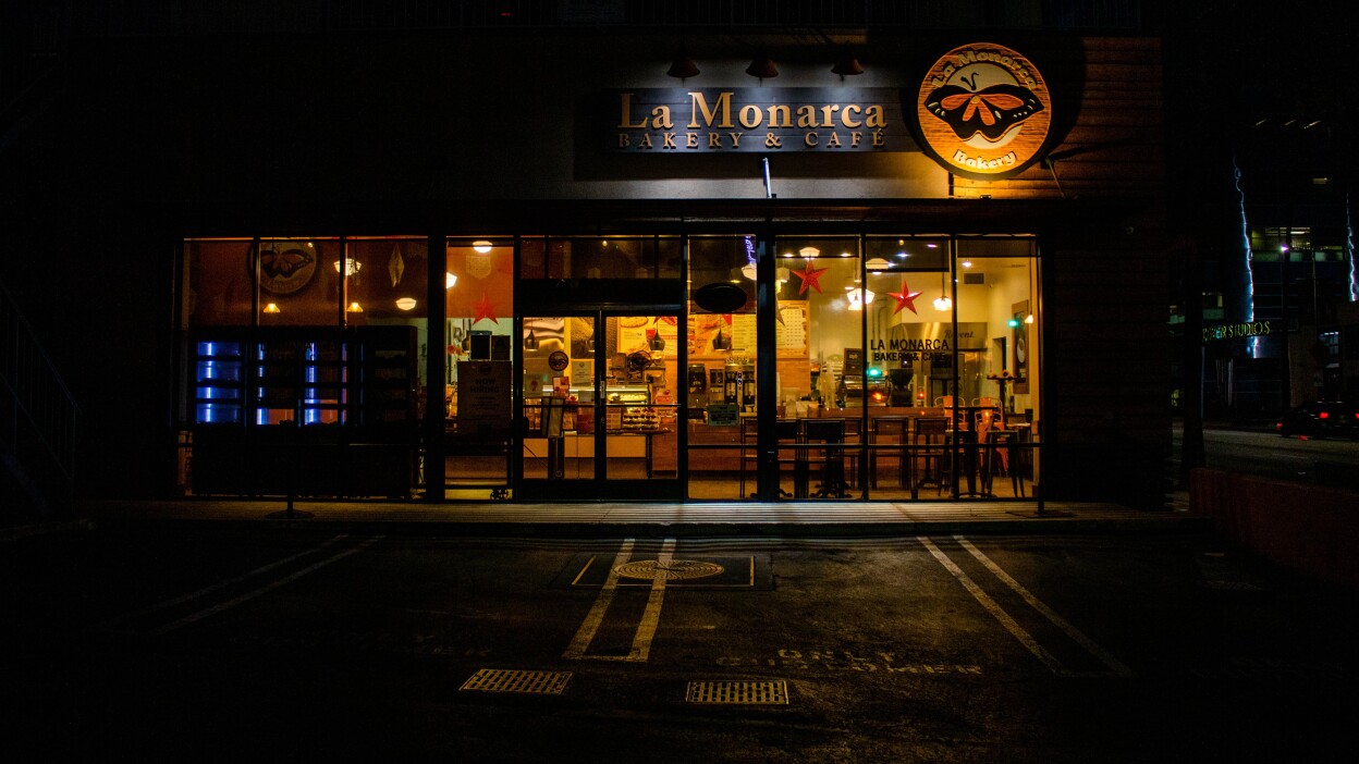 La Monarca Bakery & Cafe on Sunset Boulevard in Hollywood is clothed in darkness.
