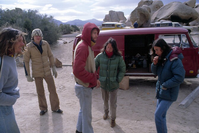 (Left to right): John “Yabo” Yablonsky, unknown individual, Dean Fidelman, Jessica and Mari Gingery with John Bachar's red van in the background. | © Brian Rennie/Benchmark Studios (1978 - 2017)
