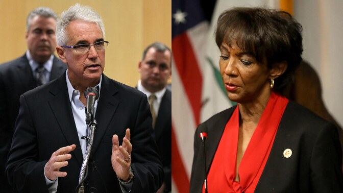George Gascon speaks at a news conference at the San Francisco Hall of Justice May 5, 2010 in San Francisco, California. Jackie Lacey addresses the media at the Hall of Justice in downtown Los Angeles on Oct. 6, 2020. | Justin Sullivan/Genaro Molina/Getty