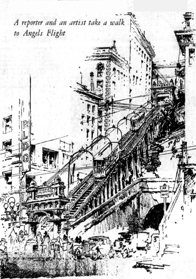 A black ink illustration of the Angel's Flight in Los Angeles — a trolley funicular that moves up and down a hill in an urban setting. Buildings line either side of the tracks.