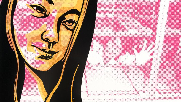 A rendering of Emily Taing is imposed over a pink faded photo of a younger Emily inside a doughnut glass display.