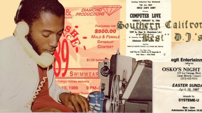 An African American man on the phone while editing the Super 8 with a background of flyers.