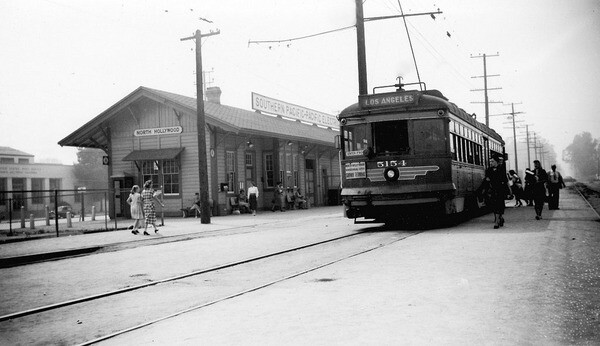 A Pacific Electric trolley at the North Hollywood Station along the present-day Orange Line right-of-way in 1952. Photo by Alan Weeks, courtesy of the Metro Transportation Library and Archive.
