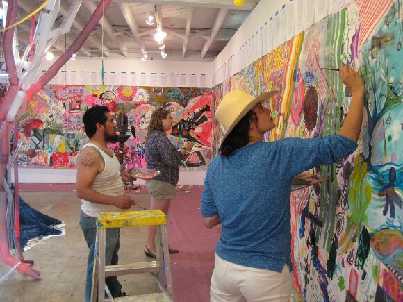 Raul Baltazar, Zoe Crosher, and Chiara Giovando at work in the Interior Forest. | Courtesy of Alexandra Grant.
