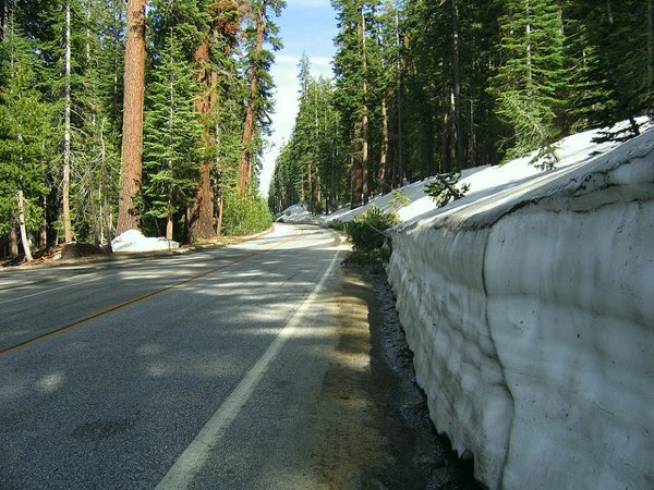 Snow along Tioga Road in Yosemite National Park in a photo from 2006