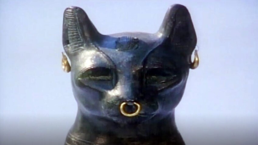 A sculpture of a black cat with earrings and a nosering
