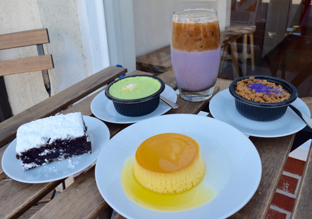 Purplie, pandan chia pudding, mango crème caramel, ube upside down pie, and ube horchata at FrankieLucy | Danny Jensen