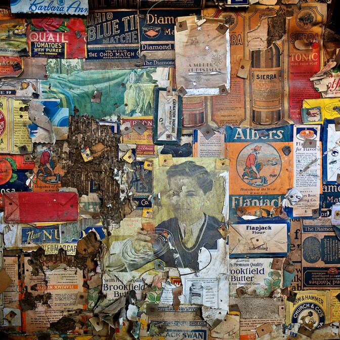 Detail: Wallpaper Collage Secured with Cardboard Washers, 'Burro' Schmidt Cabin, 2011 | Photo: Osceola Refetoff
