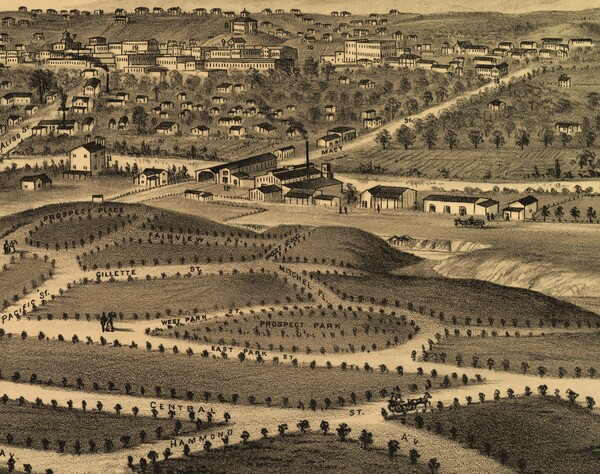Detail of an 1877 lithograph commissioned by the Brooklyn Land and Building Company and advertising Brooklyn Heights' empty lots. Prospect Park appears in the foreground. Behind it, across the river, is central Los Angeles. Courtesy of the Big Map Blog.