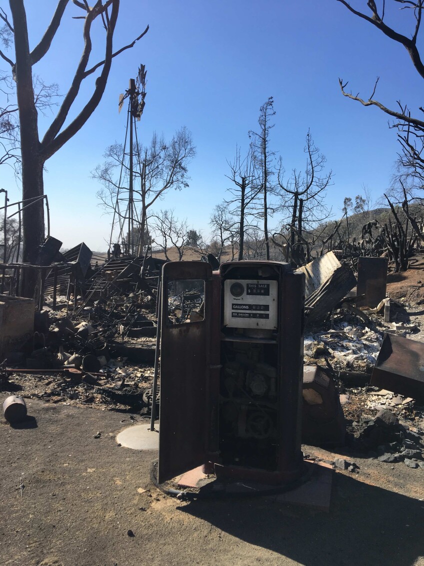 A gas pump destroyed by the Woolsey Fire. Shot by Tori Edgar.