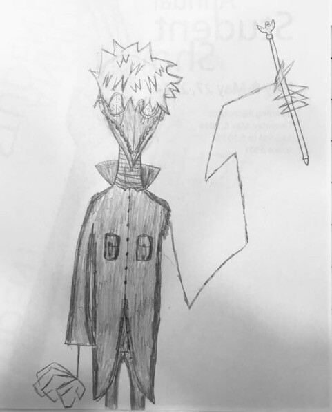 A drawing by Monika Ramirez Wee’s son shows a plague doctor looking character with long arms while holding a staff.