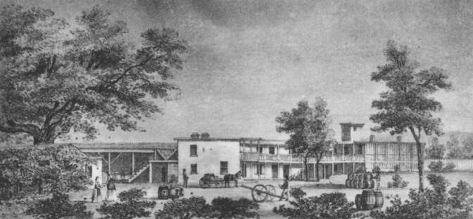 A photo of a drawing of the Vignes' wine establishment in 1831.